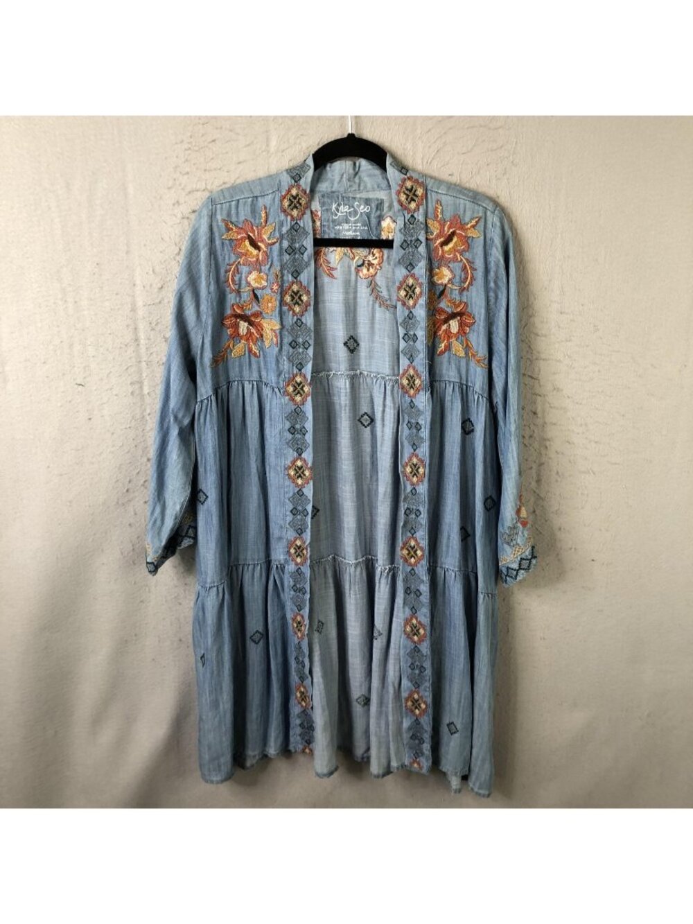 Kyla Seo Kimono Jacket Womens M Blue Chambray Embroidered Floral Boho Duster